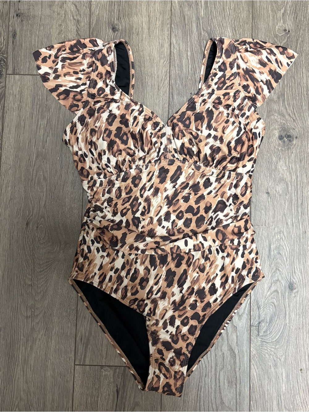 Leopard Print Ruffle One-Piece Swimsuit - Brown